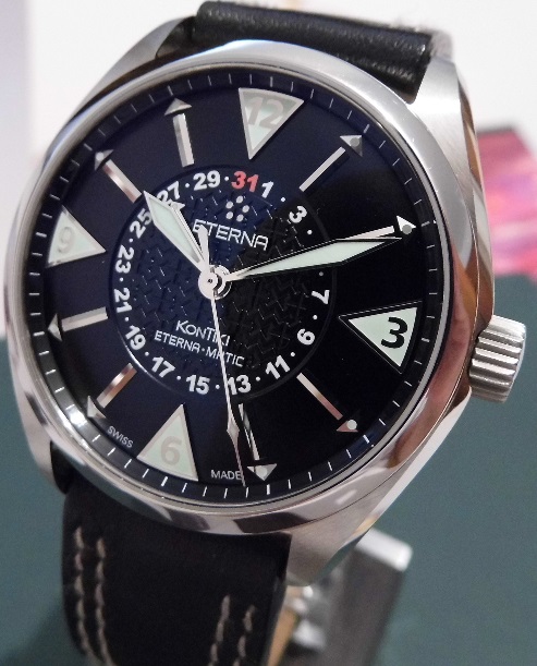 Eterna Kontiki Four Hands, Black Dial, Leather Strap