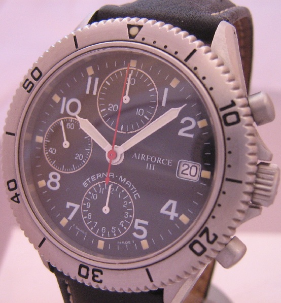 Eterna Airforce III Chronograph, Black Dial, Leather Strap