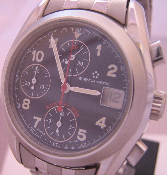 Eterna Kontiki Chronograph, Black Dial, Stainless Steel Bracelet