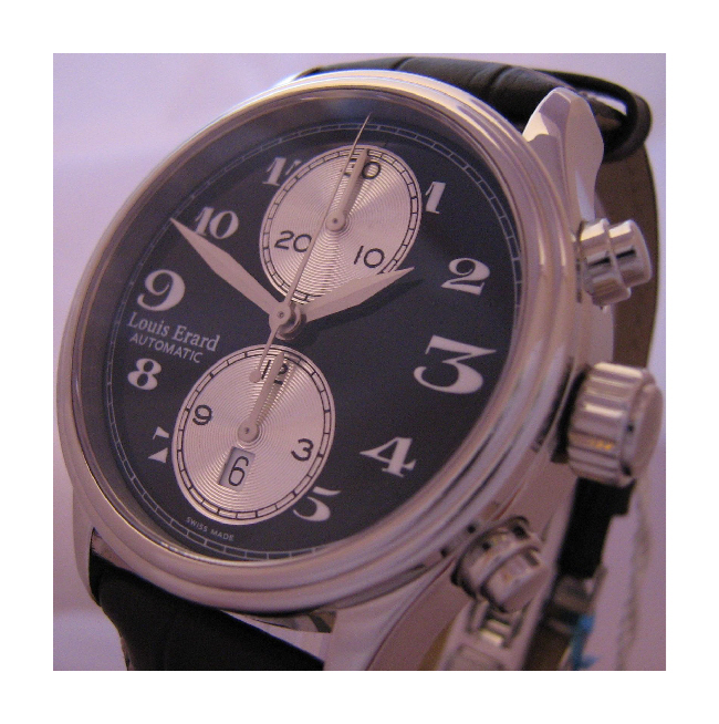 Louis Erard Heritage Chronograph, Black Dial With Leather Strap