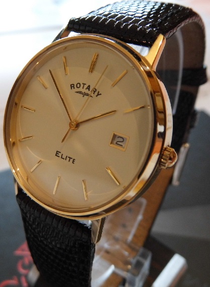 Rotary Elite 9K Gold, White Dial, Black Leather Strap