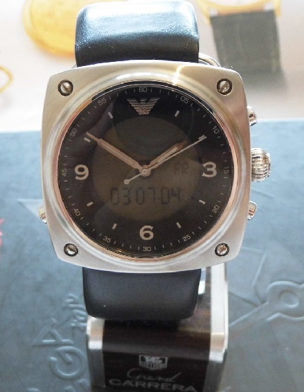 Emporio Armani Analogue / Digital, Black Dial, Leather Strap