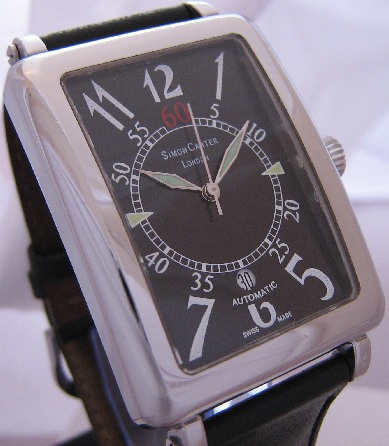 Simon Carter Tank Watch, Black Dial With Black Leather Strap