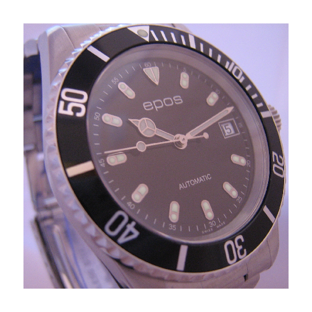 Epos Sportive Divers Watch, Black Dial With Stainless Steel Bracelet