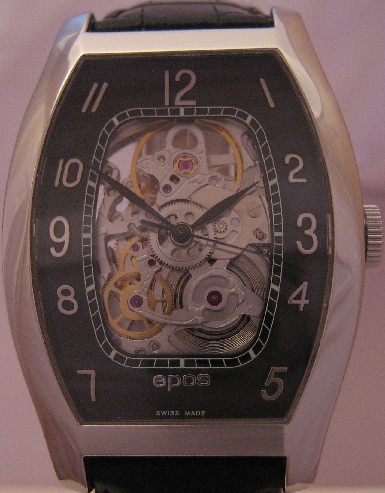Epos Tonneau Skeleton Watch, Black Dial With Leather Stap