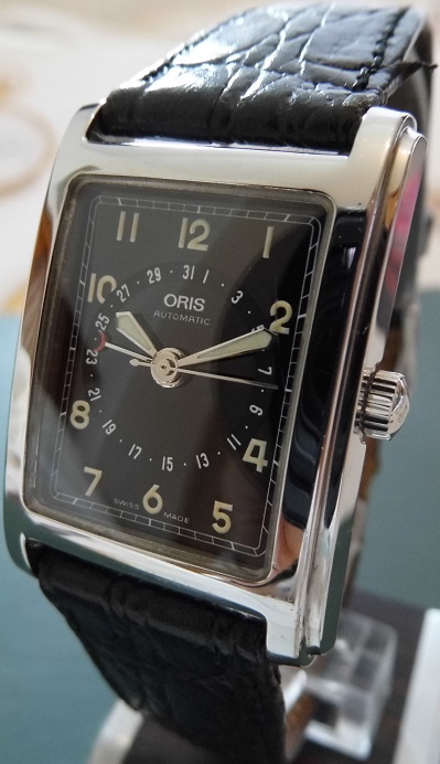 Oris Rectangular Pointer Date, Black Dial With Leather Strap