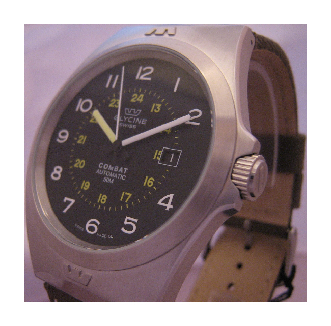 Glycine Combat Automatic Watch, Black Dial With Green Canvas/Leather Strap
