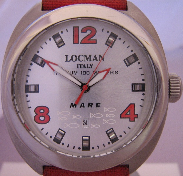 Locman Mare Titanium Watch, Silver Dial With Red Strap