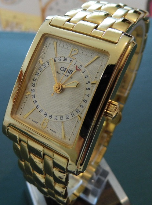 Oris Gold IP Rectangular Pointer Date, Silver Dial, Bracelet