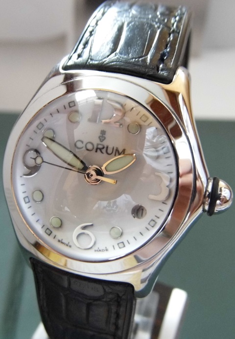 Corum Bubble Quartz, Silver Dial, Black Leather Strap