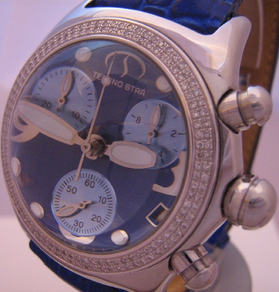 Techno Star Diamond Bubble Chronograph, Blue Dial With Leather Strap