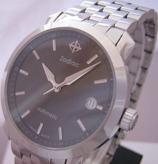 Zodiac Automatic Watch, Black Dial With Steel Bracelet