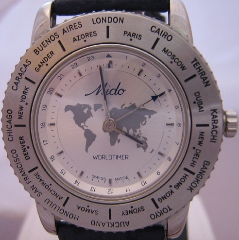 Mido Worldtimer, Silver Dial With Blue Leather Strap