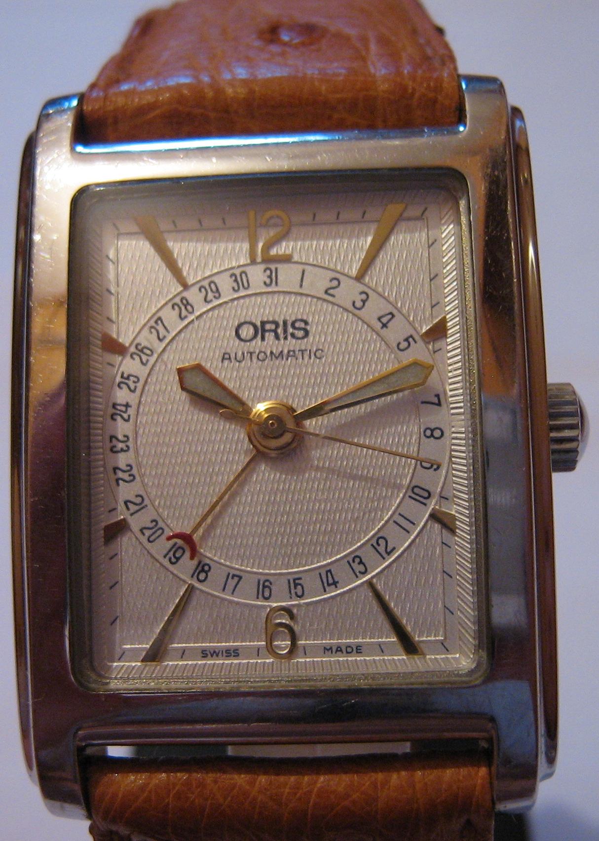 Used Oris Rectangular Pointer Date, Silver Dial, Brown Leather Strap
