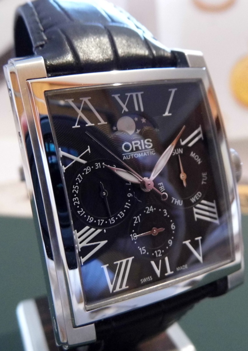 Oris Rectangular Complication Moonphase, Black Dial, Leather Strap