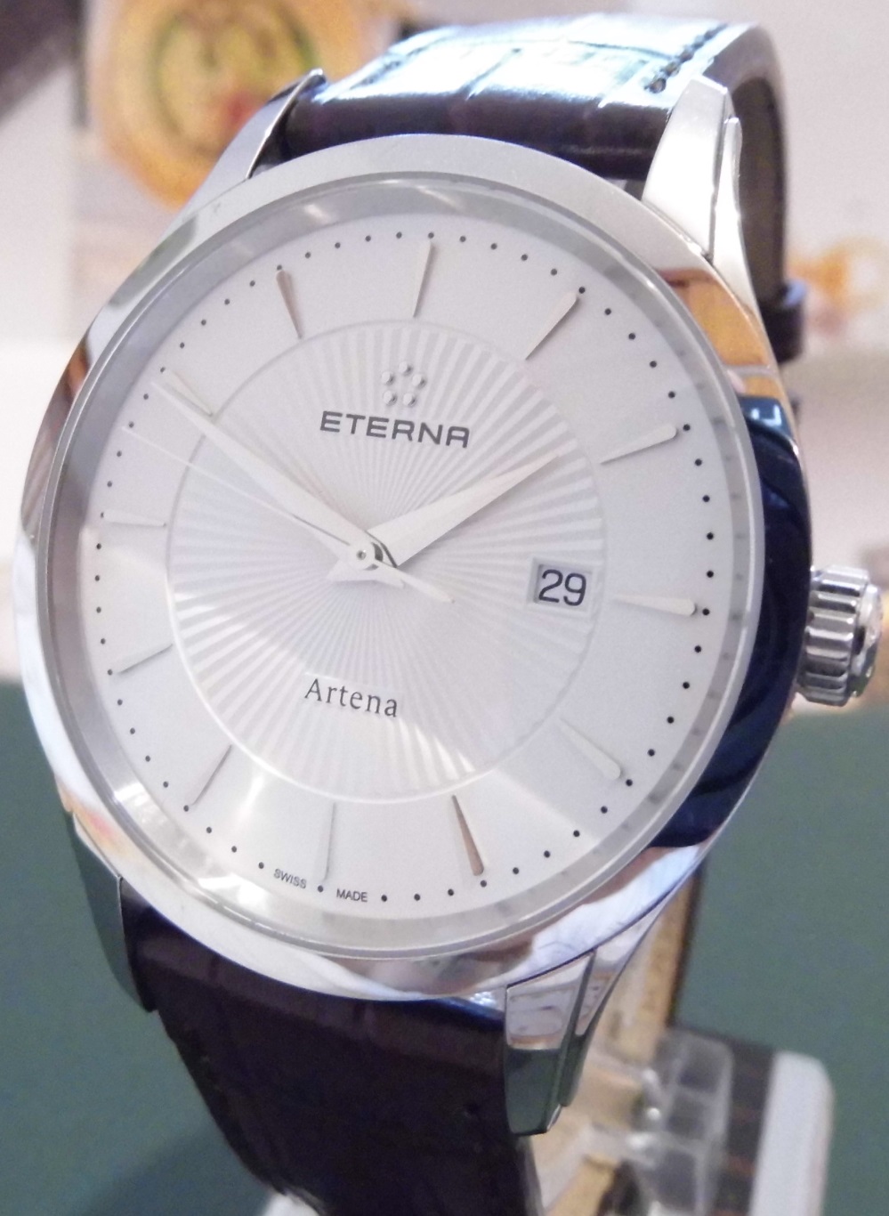 Eterna Artena Quartz, White Dial, Brown Leather Strap