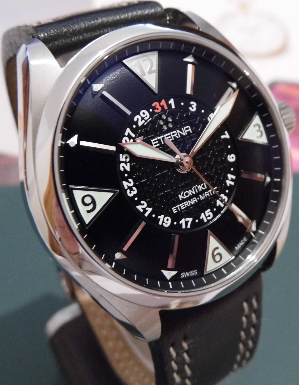 Eterna Kontiki Four Hands, Black Dial, Leather Strap