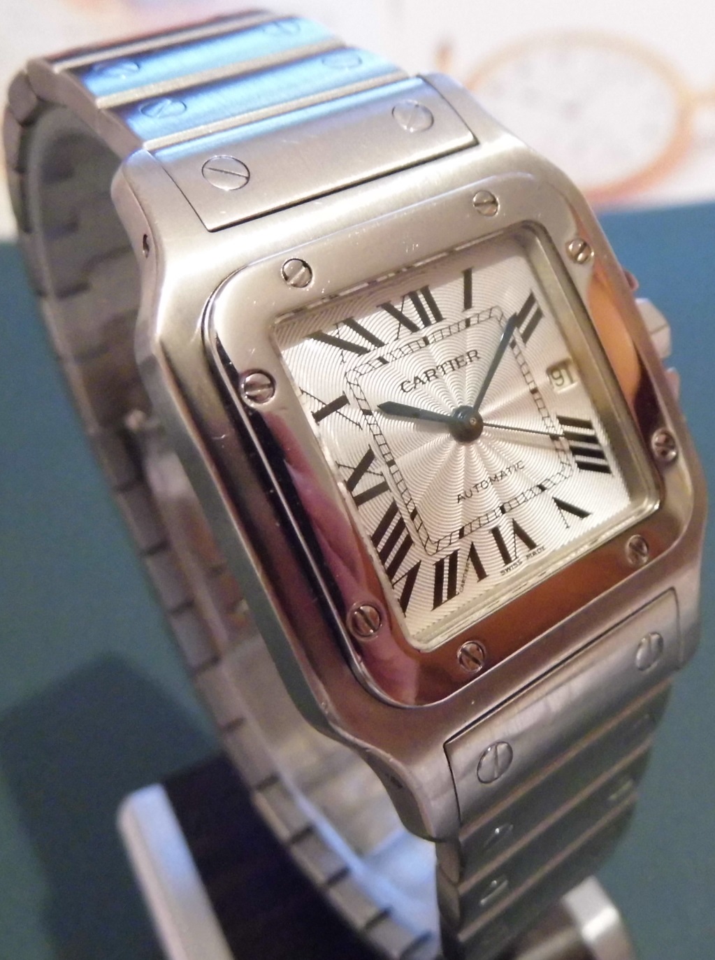 Cartier Santos Automatic, Silver Guilloche Dial, Steel Bracelet