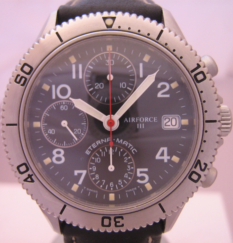 Eterna Airforce III Chronograph, Black Dial, Leather Strap