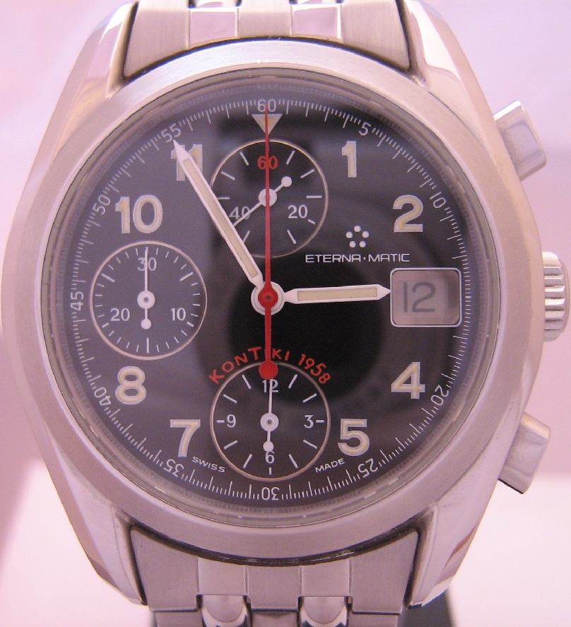 Eterna Kontiki Chronograph, Black Dial, Stainless Steel Bracelet
