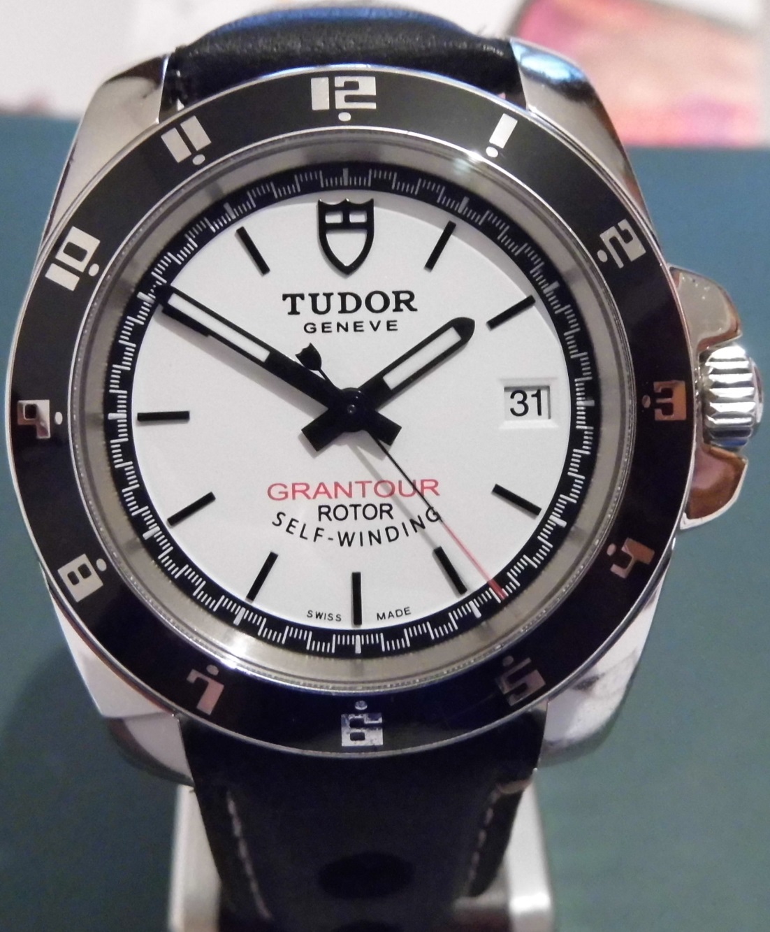 Tudor Grantour, White Dial With Black Leather Strap