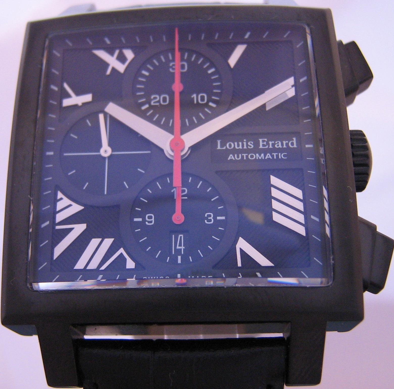 Louis Erard La Carree Automatic Chronograph, Black Dial With Leather Strap