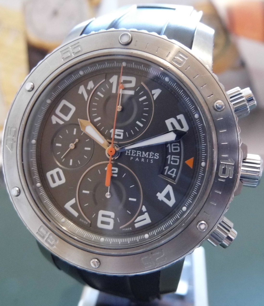 Hermes Clipper Chronograph, Grey Dial, 2 Rubber Straps
