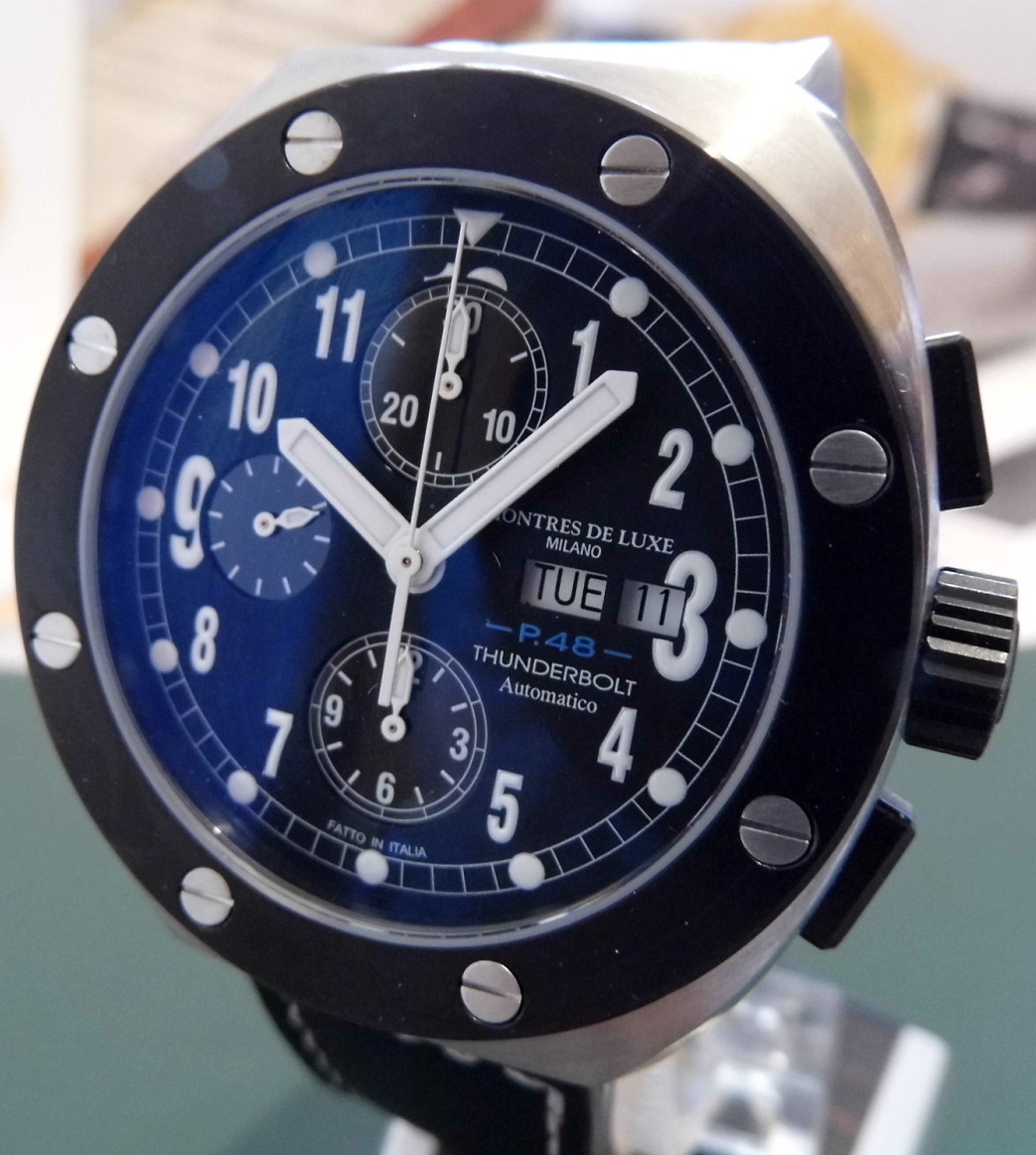 Montres De Luxe Thunderbolt Chronograph, Black Dial,  Leather Strap