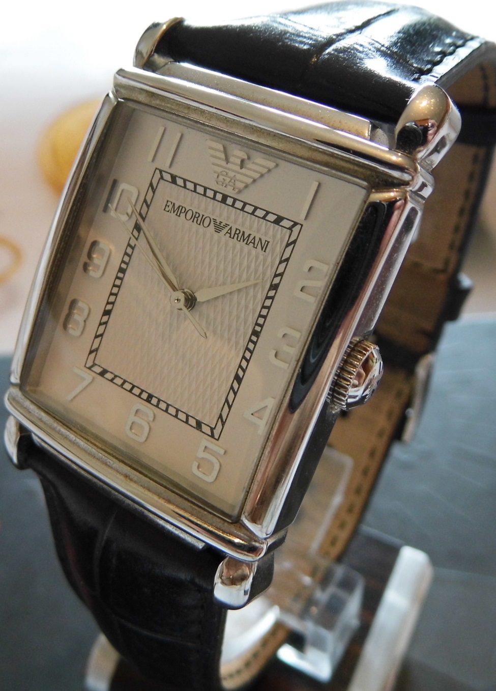 Emporio Armani Tank Watch, Silver Dial, Leather Strap