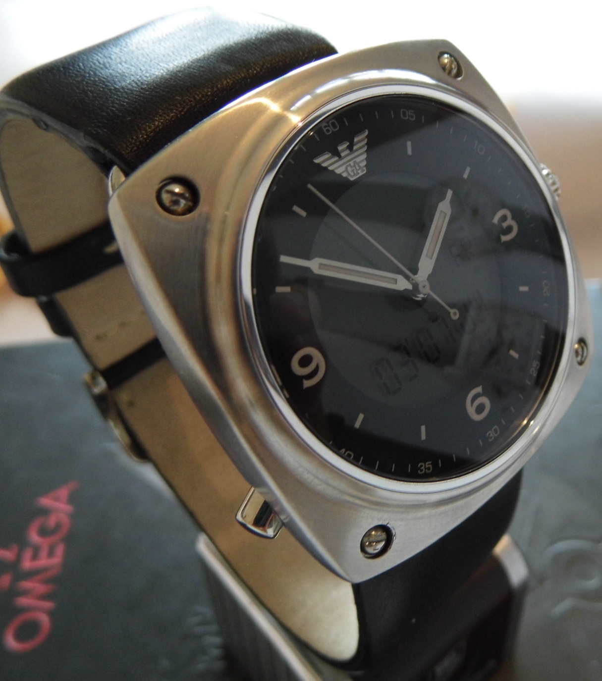 Emporio Armani Analogue / Digital, Black Dial, Leather Strap