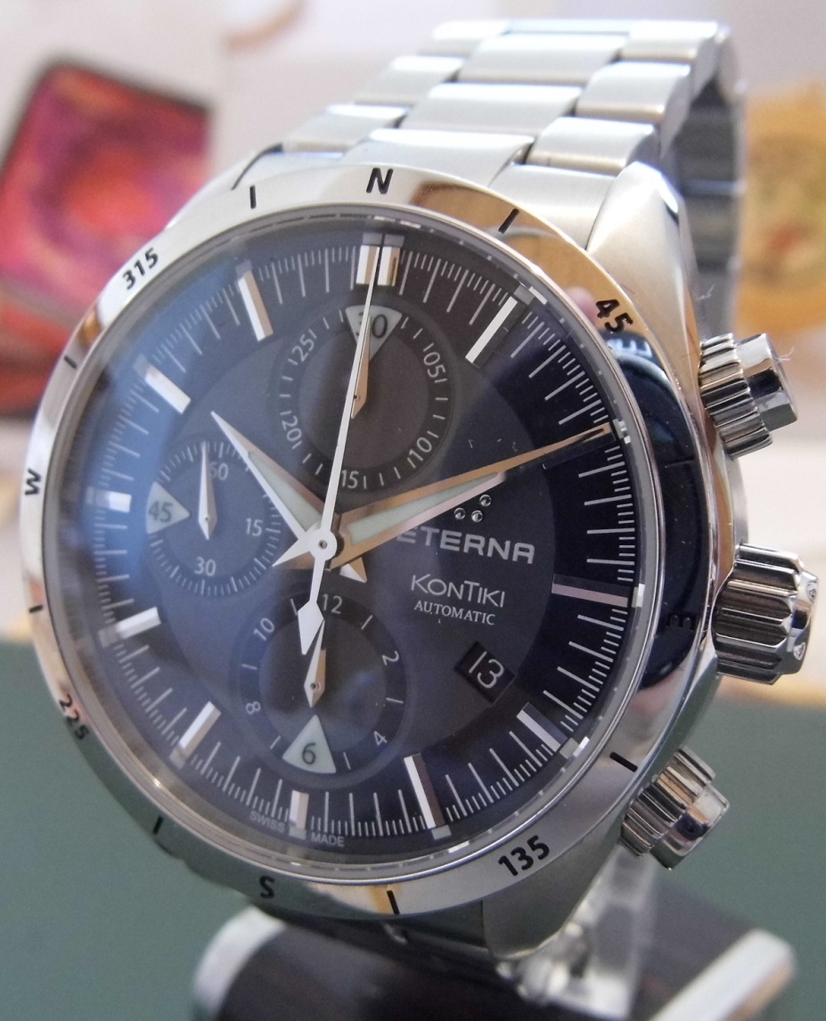 Eterna Kontiki Automatic Chronograph, Black Dial, Bracelet