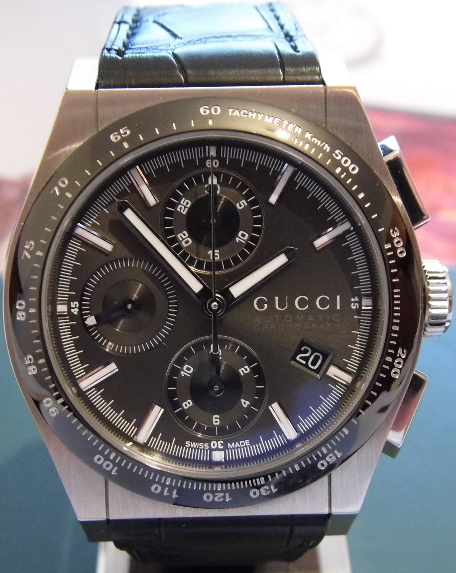 Gucci Pantheon Chronograph, Black Dial With Leather Strap