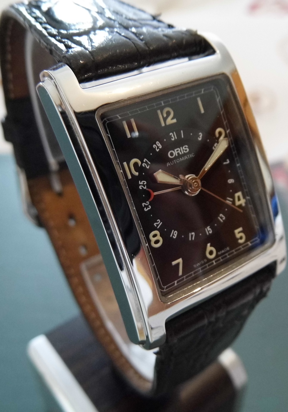 Oris Rectangular Pointer Date, Black Dial With Leather Strap