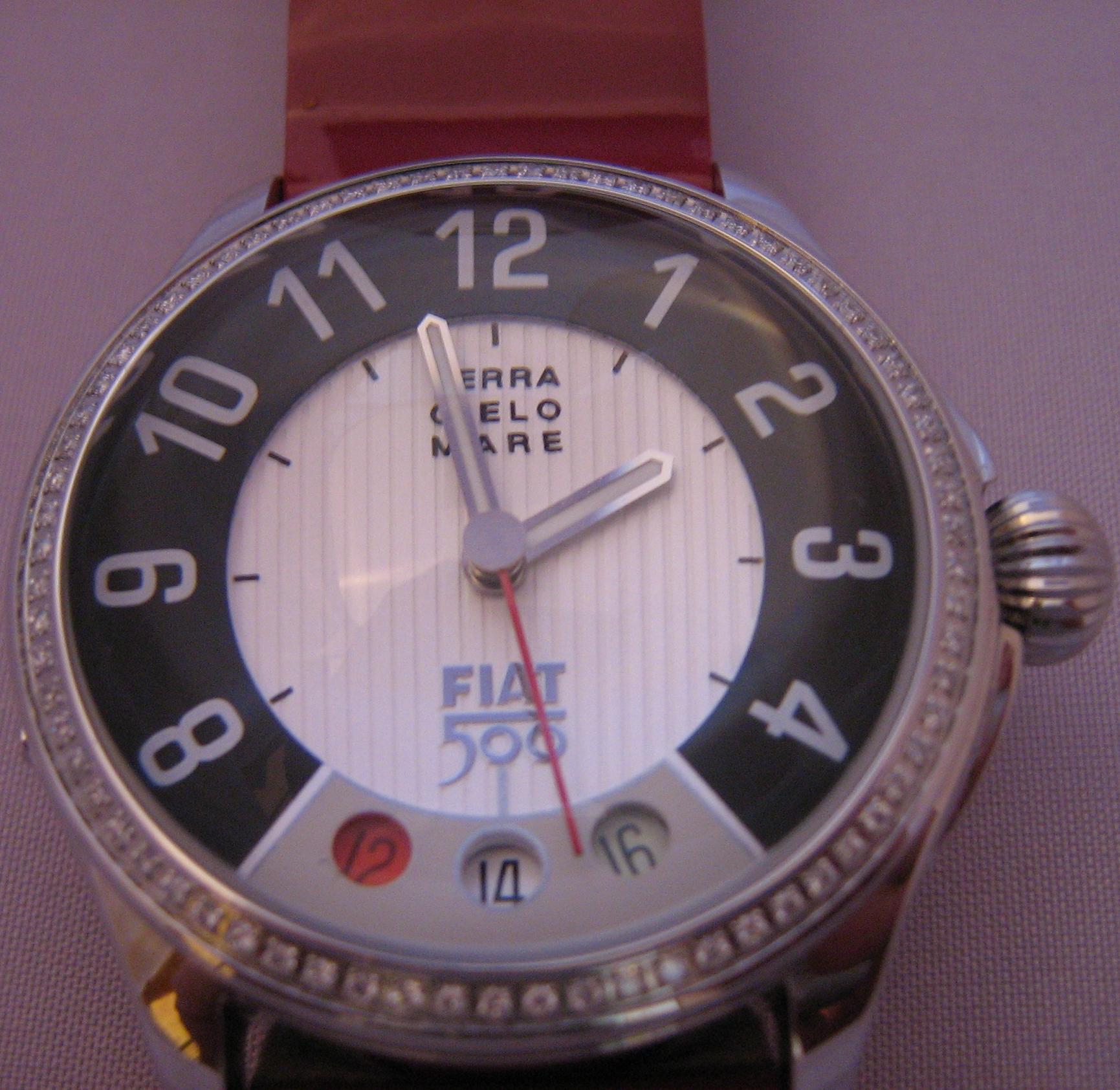 Fiat 500 Diamonds Watch, White Dial With Red Leather Strap