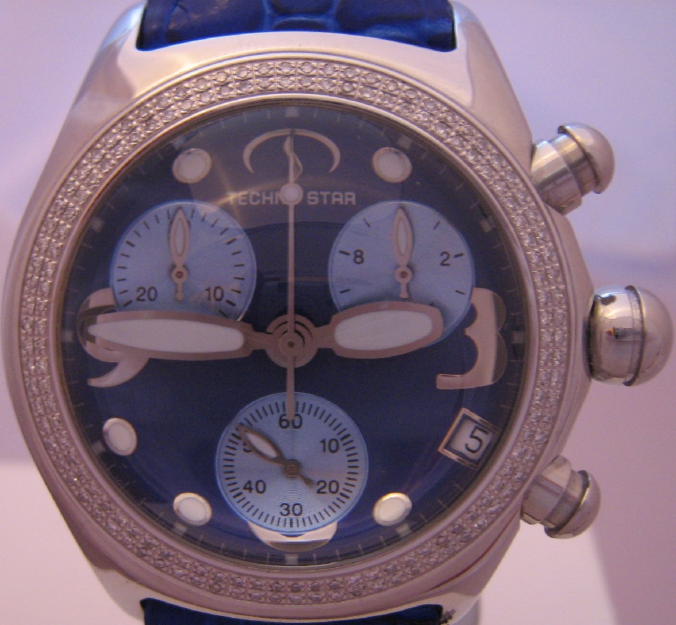 Techno Star Diamond Bubble Chronograph, Blue Dial With Leather Strap