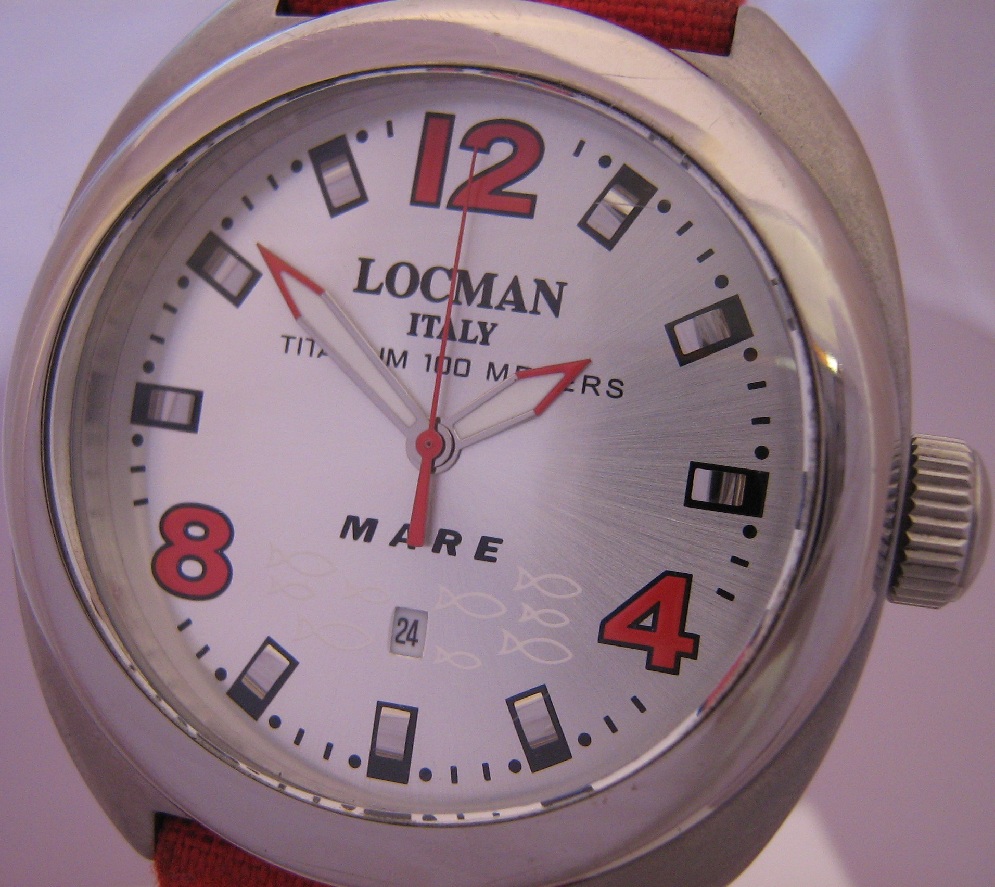 Locman Mare Titanium Watch, Silver Dial With Red Strap