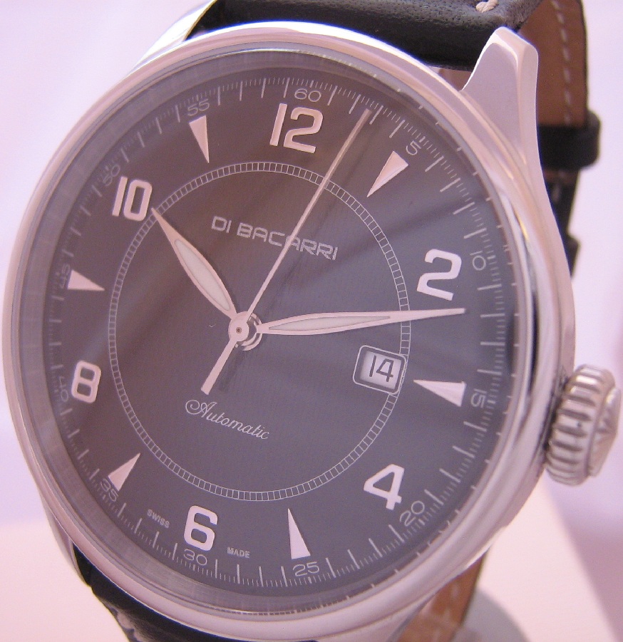 Di Bacarri Automatic Watch, Black Dial With Leather Strap