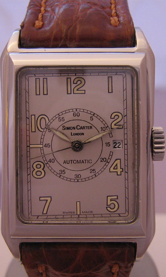 Simon Carter Automatic Tank Watch, Silver Dial With Leather Strap