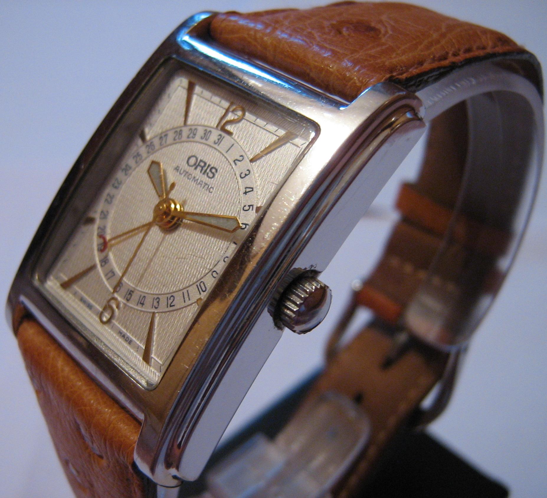 Used Oris Rectangular Pointer Date, Silver Dial, Brown Leather Strap