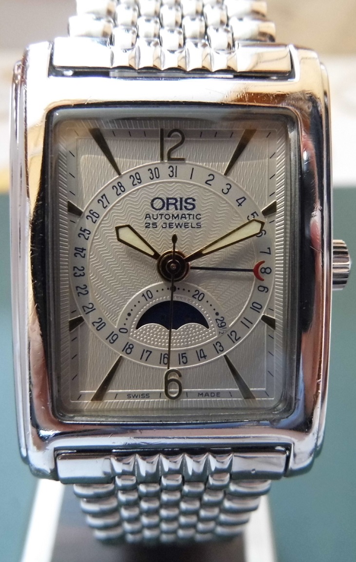 Oris Rectangular Moonphase, Silver Dial, Stainless Steel Bracelet