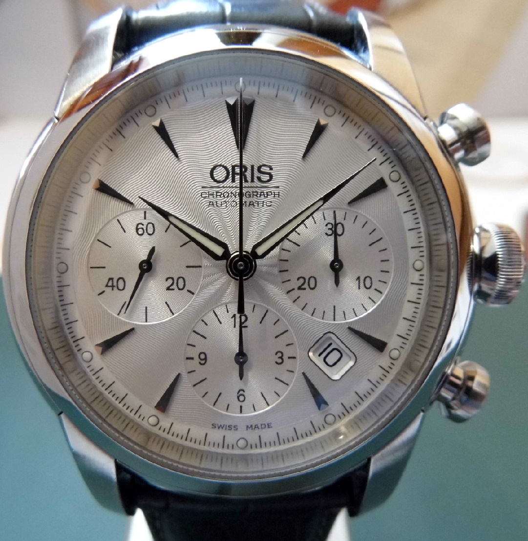 Oris Artelier Chronograph, Silver Dial, Black Leather Strap