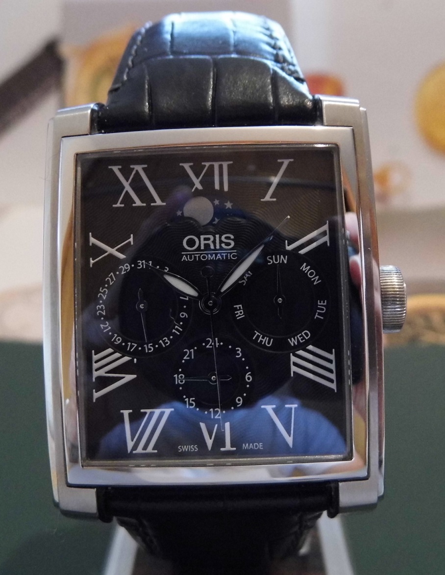 Oris Rectangular Complication Moonphase, Black Dial, Leather Strap