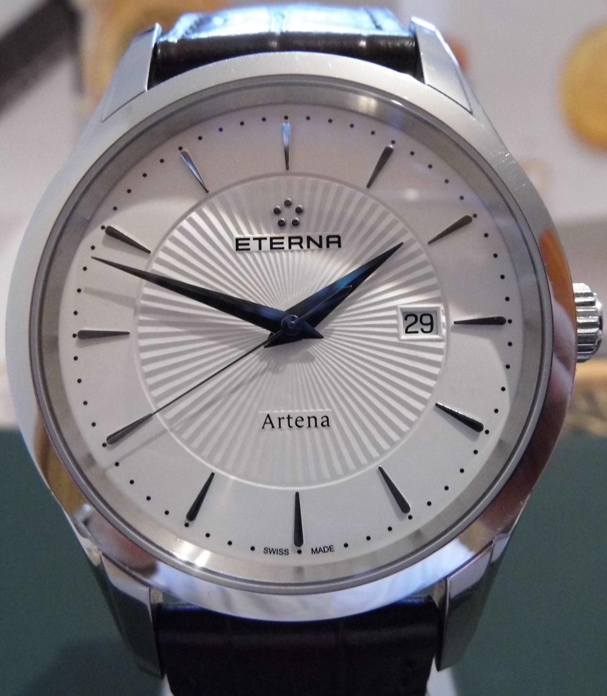 Eterna Artena Quartz, White Dial, Brown Leather Strap