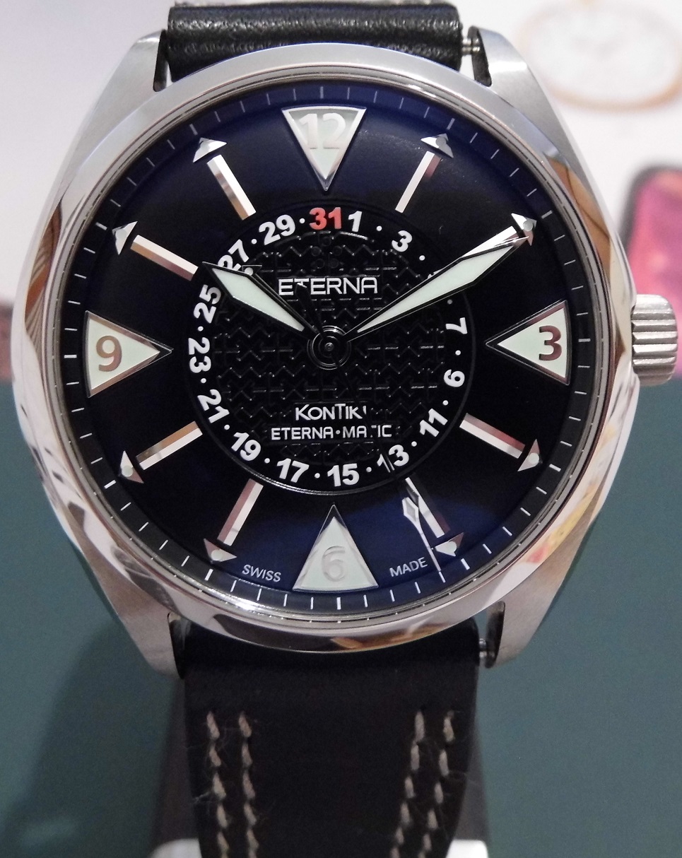 Eterna Kontiki Four Hands, Black Dial, Leather Strap