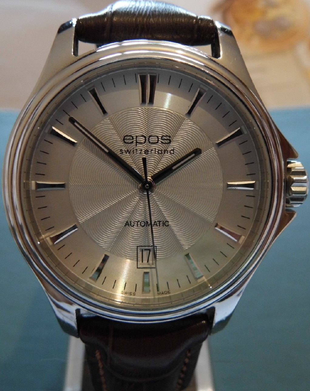 Epos Sportive Automatic, Silver Guilloche Dial, Brown Leather Strap