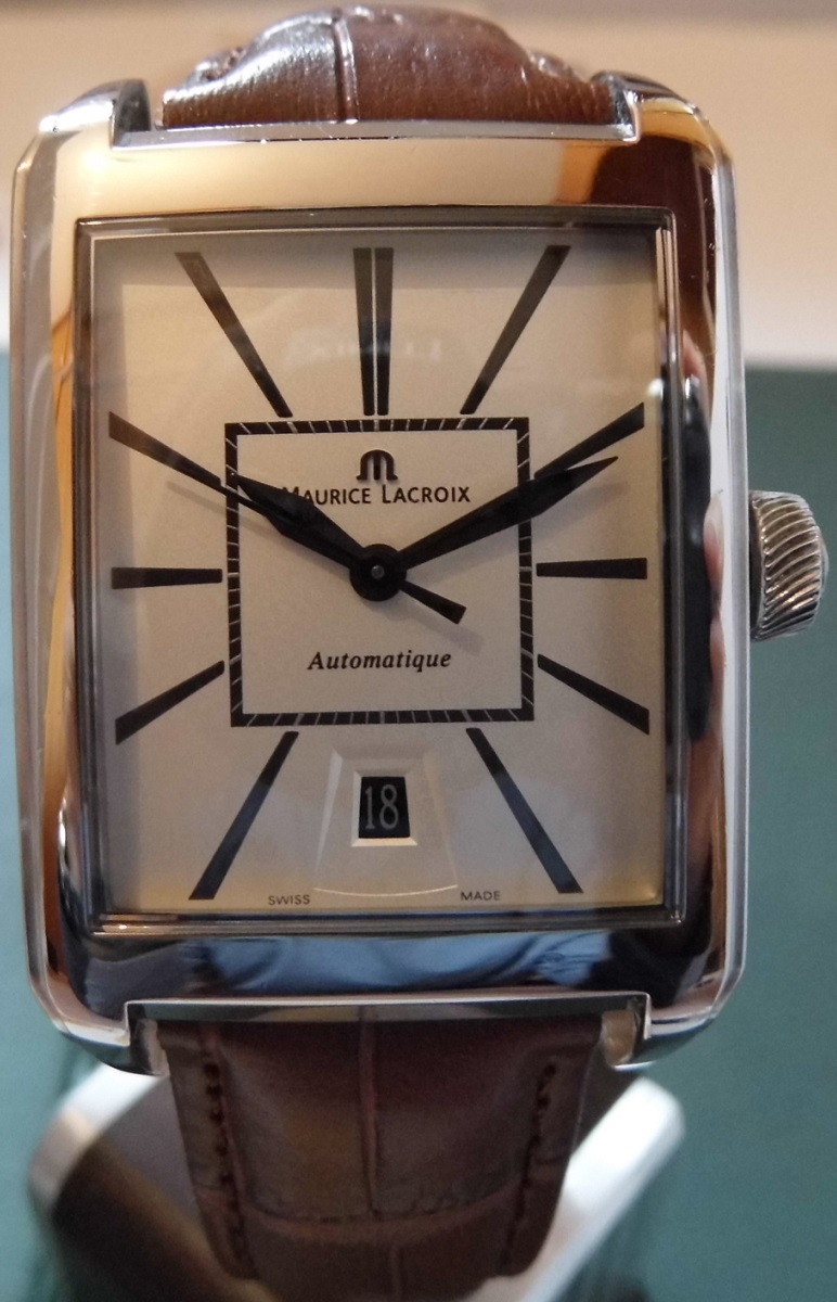 Maurice Lacroix Pontos Rectangulaire, SIlver Dial With Leather Strap