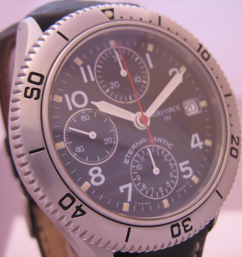 Eterna Airforce III Chronograph, Black Dial, Leather Strap