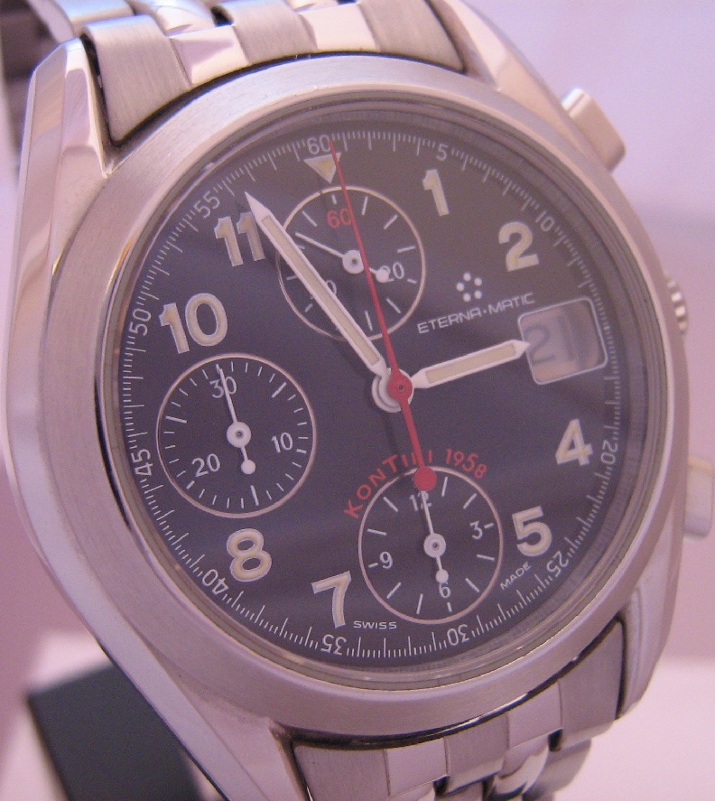 Eterna Kontiki Chronograph, Black Dial, Stainless Steel Bracelet