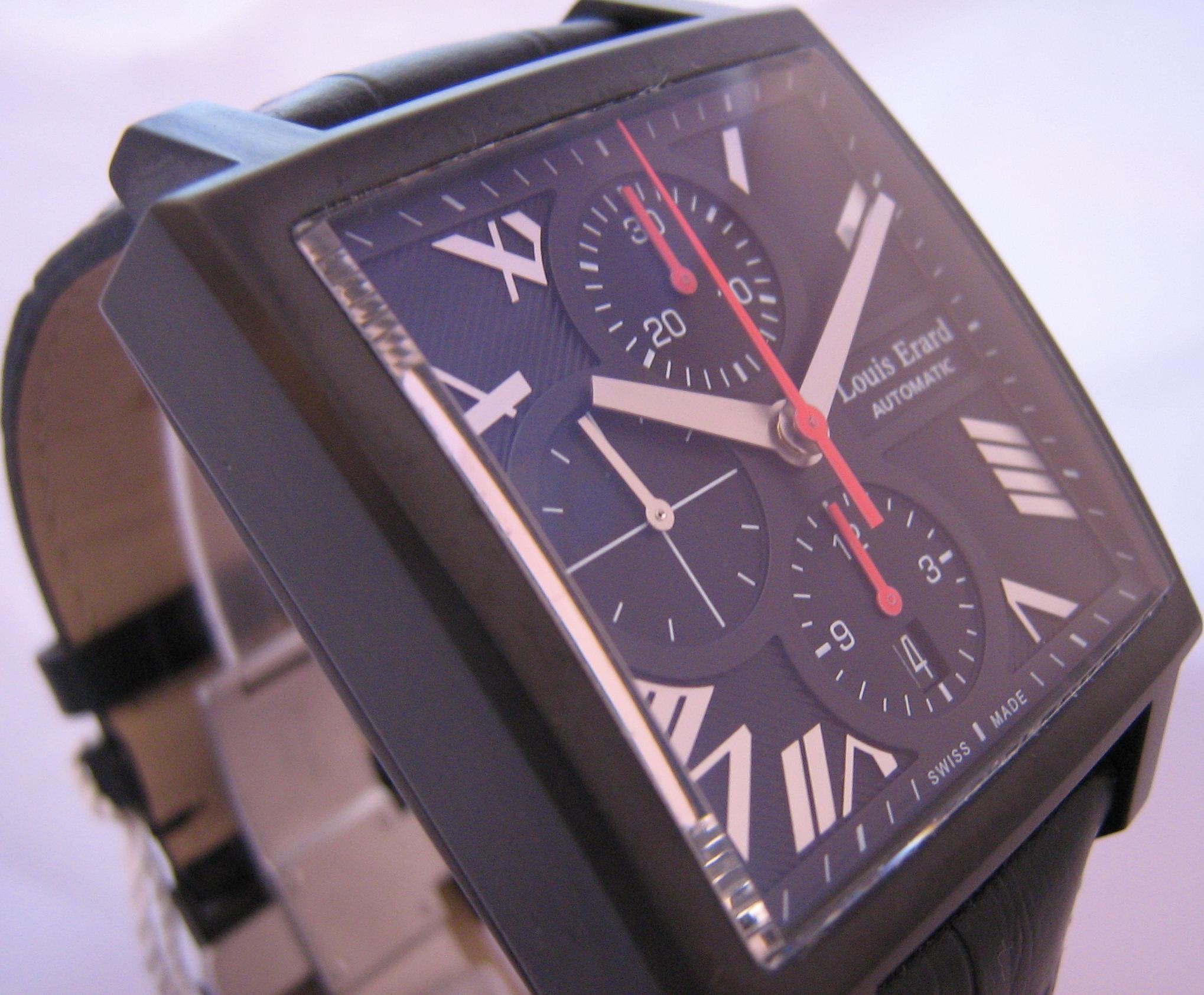 Louis Erard La Carree Automatic Chronograph, Black Dial With Leather Strap