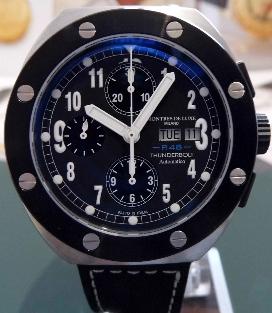 Montres De Luxe Thunderbolt Chronograph, Black Dial,  Leather Strap